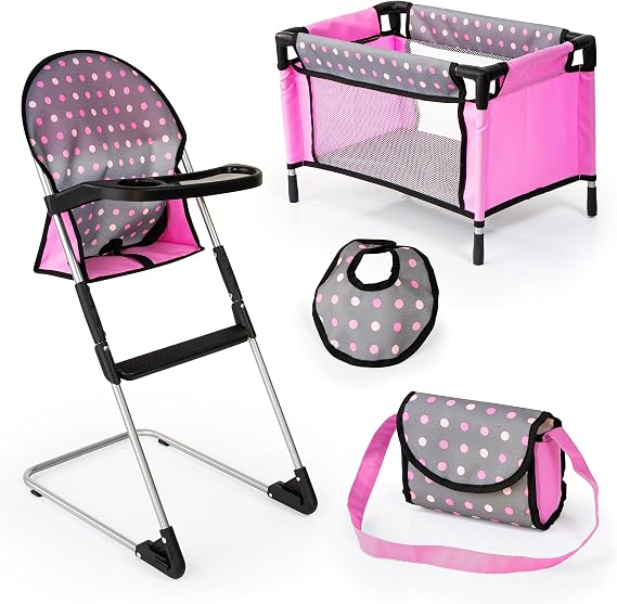 Bayer Doll High Chair & Crib Set, Pink & Grey Polka Dot Play Nursery | Nurturing Caregiving Set for 18 Inch Dolls with Travel Bag, Bib, Integrated High Chair Safety Belt & Folding Bed