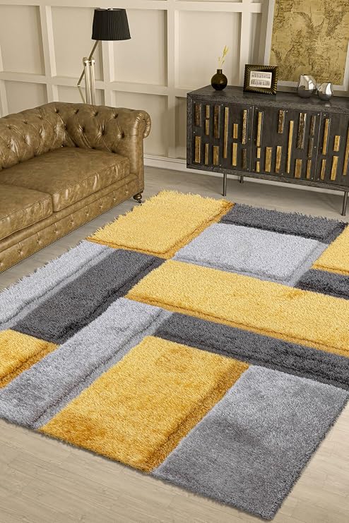 Modern Geometric Shaggy Rugs Luxury Soft Thick Large Area Rugs For Living Room Bedroom Door Mat & Floor Mats (Ochre, 80 x 150 cm)
