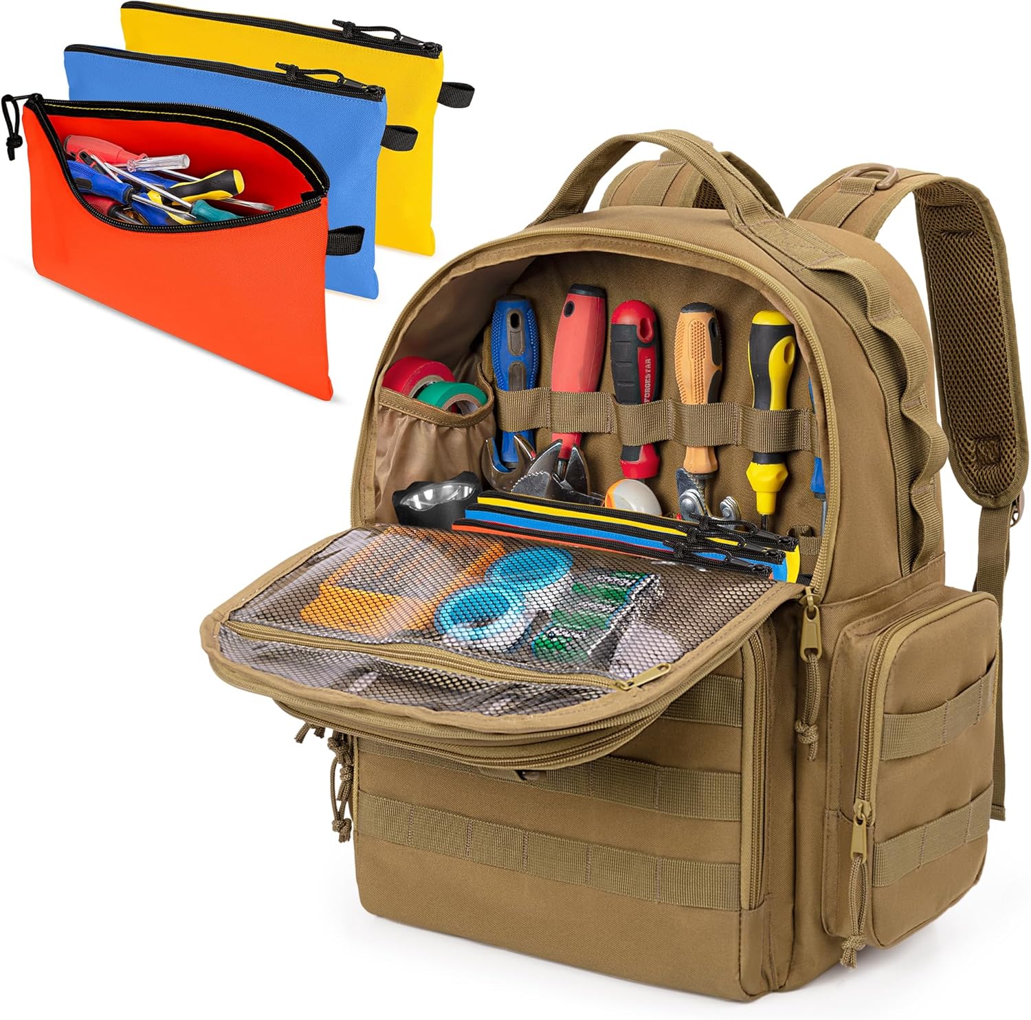 Rexmica Tool Bag Backpack for Men with 3 Tool Pouches, Heavy-Duty Tool Storage Organiser Bag with Padded Shoulder & Waist Support, Tactical Work Tool Bag for Electrician, Repairman, HVAC Techs, Khaki