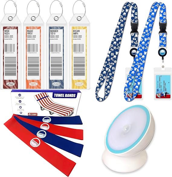 Disney Cruise Essentials (4 Items) Luggage Tag Holders, Night Light, Towel Bands & Cruise Lanyards with Retractable Reel