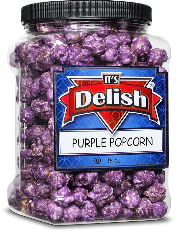 Gourmet Purple Grape Flavored Popcorn by It's Delish, 16 Oz Jumbo Container | Bulk Air Popped Pop Corn Snack - Fruity Purple Themed Candy Confetti Gluten Free, Vegan, Kosher, 1 Count