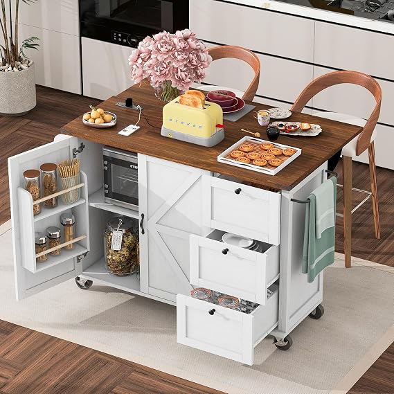 54" Rolling Kitchen Cart with Storage, Coffee Cart with Power Outlet and Storage Racks, Kitchen Island Cart with Rolling Wheels for Kitchen and Dining Room, White