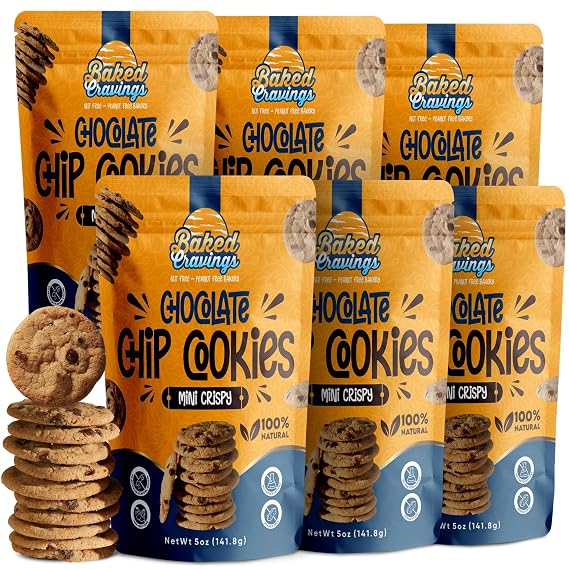 Baked Cravings Mini Chocolate Chip Cookies Snack 6 bags (24 in 1) | Nut-Free & Peanut-Free,100% Natural Classic and Crispy Chocolate Cookies | No Preservatives, No Artificial Flavors or Colors