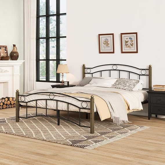Christopher Knight Home Oner Sturdy Metal Full Size Platform Bed Frame with Wavy Headboard/Footboard, Full Size Bed Frame No Box Spring Needed, Iron Bed Support and Slats, Easy Assembly, Black+Gold