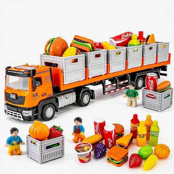 BDTCTK Parent-Child Interactive Toddler Truck Toy - Large Transport Container Model with Sound & Light, Pull-Back Design + Storage & Food Props, for Kids Boys Girls Ages 3+