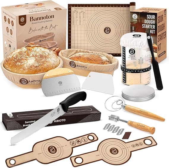 Sourdough Starter Kit with 9" Round & 10" Oval Bannetons, 34 oz Starter Jar & Serrated Knife Complete Artisan Bread Kit with Whisk, Lame, Scrapers, Slings, Mat, Spatula & Cloth Covers