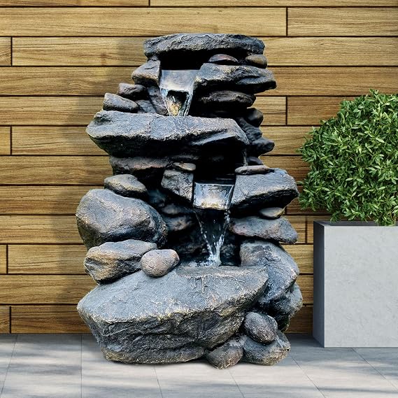 3-Tier Outdoor Rock Water Fountain with LED Lights, 26 Floor Standing Waterfall Soothing Sound Nature Decor for Garden, Patio, Deck, Porch, Lawn
