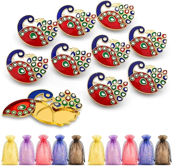 Decorative Peacock Acrylic Haldi Kumkum Holder for Pooja Thali, Wedding Return Gifts, Indian Festival Favors & Housewarming Items Pack of 10