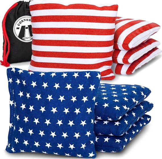 GoSports Official Regulation Cornhole Bean Bags Set of 8 for Competitive Cornhole Games - All Weather - American Stars and Stripes or Red and Blue