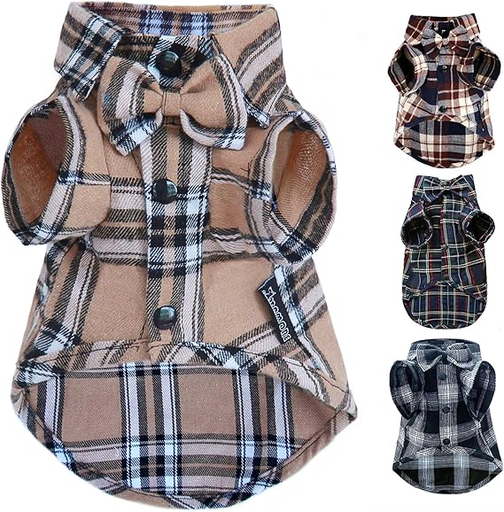 Pet Shirt Clothes for Dogs and Cats, Puppy Plaid Cotton Polo Shirts Adorable Casual Pet Apparel T Shirts (Khaki, Large)