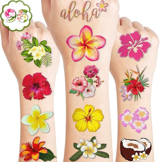 120 PCS Tropical Flower Hawaiian Pre-Cut Temporary Tattoos | Themed Birthday Favors, Luau Gifts, For Boys Girls, Classroom School