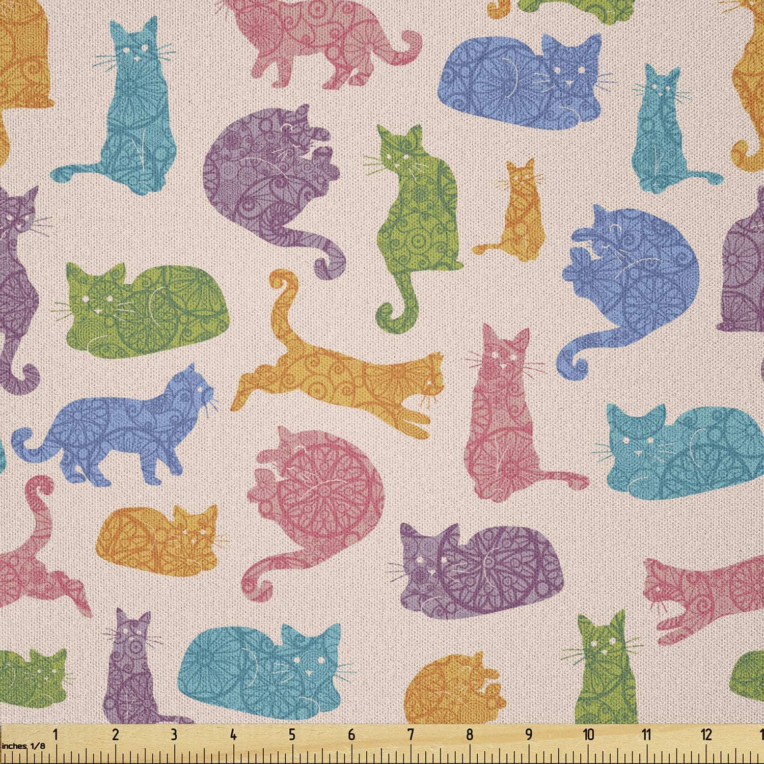 Ambesonne Cat Fabric by The Yard, Colorful Animal Silhouettes with Mandala Inspired Ornamental Details Design, Microfiber Fabric for Arts and Crafts Textiles & Decor, 2 Yards, Multicolor