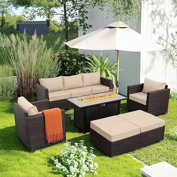 Patio Furniture Set 6-Piece Outdoor Furniture Set with 45'' Propane Gas Fire Pit Table Outdoor Conversation Set Wicker Sofa Set Non-Slip Cushions Waterproof Covers, Khaki
