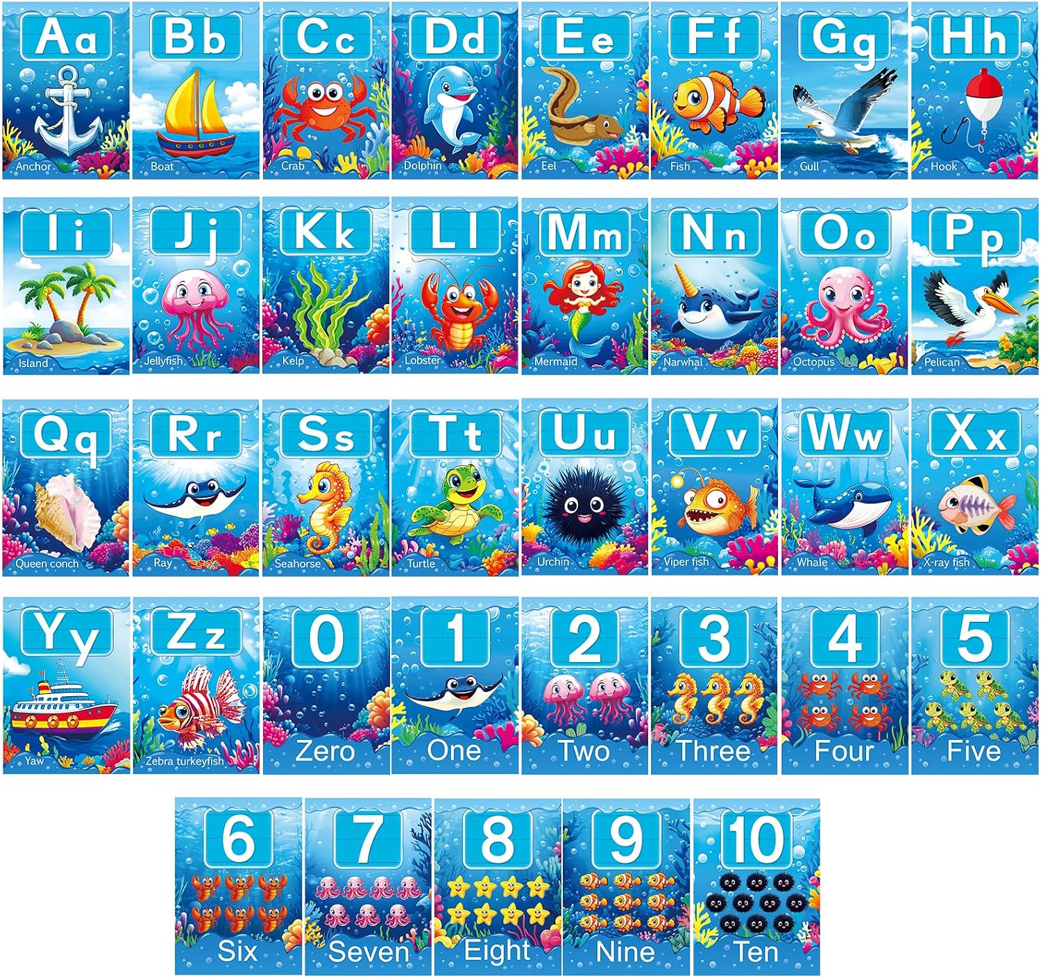 37 Piece Ocean Theme Alphabet Poster - ABC Alphabet Poster Classroom Decoration Preschool English Poster Kindergarten Elementary Classroom Wall Decoration Nursery Home School Supplies