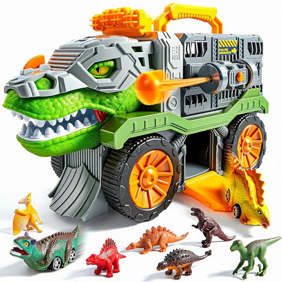 Vroomix Dinosaur Toys for Kids 3-5, Dinosaur Carrier Truck with 2 Pcs Cars and 6 Pcs Figures, T.Rex Truck with Launcher and Darts, Birthday Gifts Toys for 3 4 5+ Year Old Boy