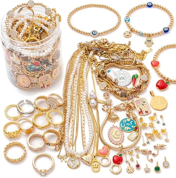 Mystery Jewelry Jar Gold - Vintage Jewelry Mystery Jar with Transparent Display Container for Women - Gold