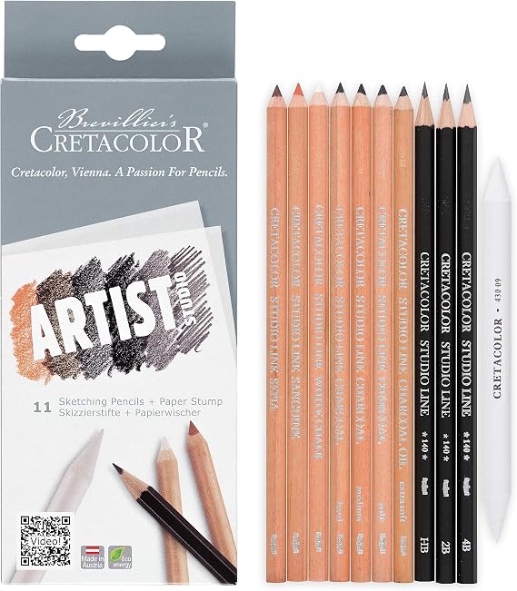 CRETACOLOR Artists Studio Line Drawing 101 Set, Artist Studio 11 Sketching Pencils & Paper Stump