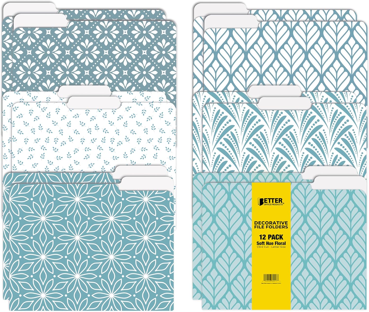Better Office Products Decorative File Folder 12 Pack 6 Unique Designs Thick Letter Size 9.5 x 11.5 Inch with 13 Cut Tab Soft Hue Floral Design Fashion Folder