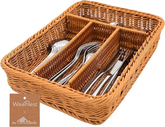 myHomeBody Rectangle Wicker Basket Utensil Holder Utensil Organizer Utensil Drawer Organizer Cutlery Organizer for Kitchen Kitchen Accessories 1 Piece Light Brown