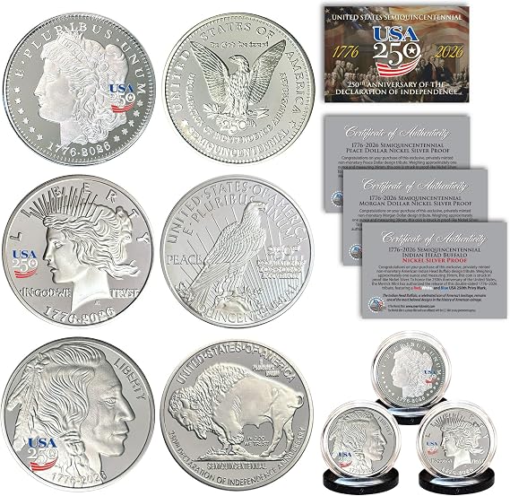 USA 250 Privy America 250th Anniversary 2026 Morgan + Peace + Indian Head Buffalo 1 OZ Nickel-Silver 3-Coin Set (Set of All 3 Versions)