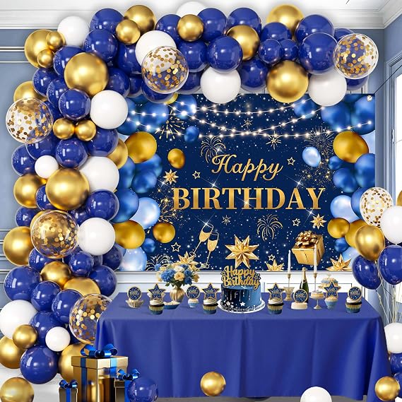 Blue and Gold Happy Birthday Decorations for Men,Birthday Banner, 70pcs Balloons, Backdrop,Balloon Arch Supplies for Boy