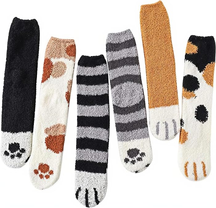 Loritta 6 Pairs Womens Fuzzy Socks, Winter Warm Fluffy Slipper Socks | Cute Cat Paw Animal, Comfy Soft Thick, Plush Cozy Fabric, Microfiber House Sleeping Gifts, Stocking Stuffers Gifts