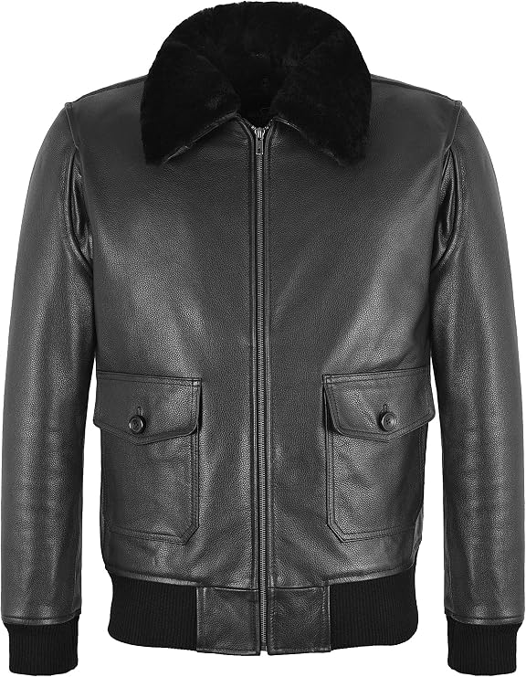 Smart Range Leather G-1 Black Flight Jacket Cowhide Collared Classic Style RAF Pilot Bomber Jacket 5729, Black, Medium