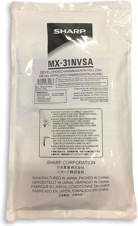 Sharp MX-31NVSA Tri-Color Developer; New Genuine OEM Sharp Brand; Sealed Pack Contains 3 Pouches: Cyan, Magenta and Yellow; Net 720 Grams