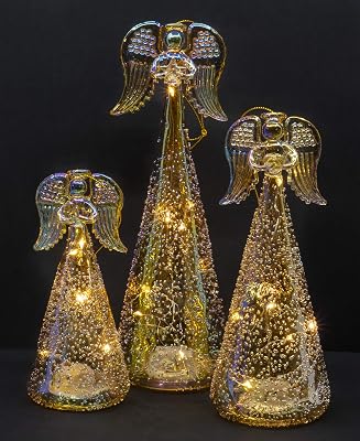 Red Co. 9.5, 8, and 6.5 Glass Christmas Holy Angel Figurine Ornaments, Iridescent Light-Up Holiday Season Decor, Set of 3 Sizes