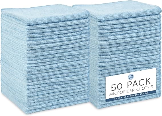 S&T INC. Microfiber Cleaning Cloth, 50 Pack, 11.5" x 11.5", Light Blue | Bulk Cleaning Cloth for Home and Car, Reusable and Multi-Purpose Cleaning Rags for Business, Machine Washable
