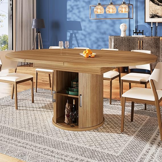 Extendable Dining Table Kitchen Table for 4-6 People, Minimalist Round Dining Tables with Storage Space and Doors, Kitchen Furniture with Shelves, Extends to Oval, Walnut, 118-158x118x76.8 cm
