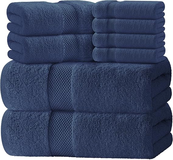 White Classic Luxury Navy Bath Towel Set of 8 - Soft 100% Turkish Cotton