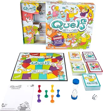 Spin Master Quelf Board Game Party Game for Teens and Adults -Obey The Cards to Win Family Game Night - 300 Outrageous Action Cards Combines Quiz Questions, Stunts, Acting, and Hilarious Rules