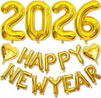 Gold Happy New Year 2026 Decorations, 32 Inch 2026 Foil Balloon Numbers Happy New Year Latter Balloons Banner with Golden Heart Balloon, New Years Eve Party Supplies for Men Prom Festival Party Decor