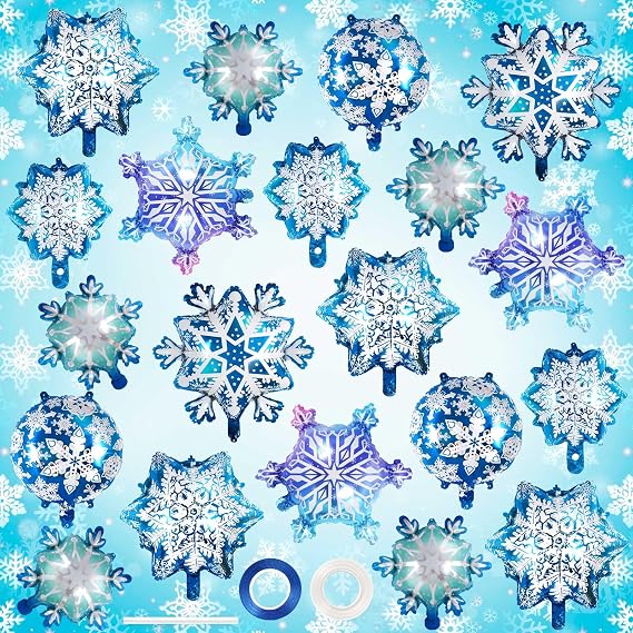 Snowflake Balloons, 24 Pcs Snowflake Shaped Foil Balloon, Large Frozen Snowflake Mylar Balloons for Birthday Christmas New Year Winter Wonderland Themed Party Decoration Supplies