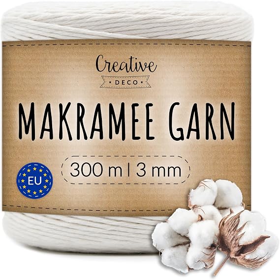 Creative Deco 300 m Macrame Yarn 3 mm White 985 Feet 12-Ply Cord Cotton Yarn Cotton Cord Large Roll Strong Macrame Cord 3 mm for Crafts DIY Crafts & Boho Decoration