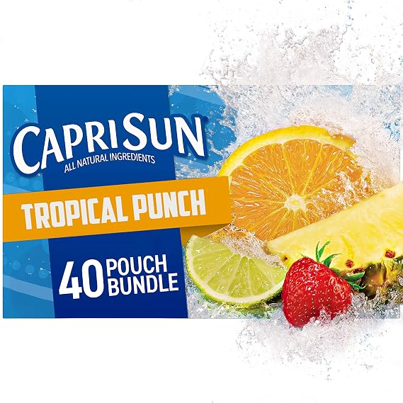 Capri Sun Juice, 40 ct Pack Tropical Punch, 4 Boxes of 10 Pouches | for School Lunches and On-the-Go Hydration, All Natural Ingredients, No Artificial Colors, Flavors Or Preservatives