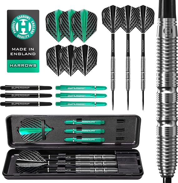 Harrows NX Elite 90% Tungsten Steel Tip Darts Set I 21g to 26g All Weights Available I Huge 17pcs Bundle with Supergrip Shafts, Quantum Flights & Travel Case