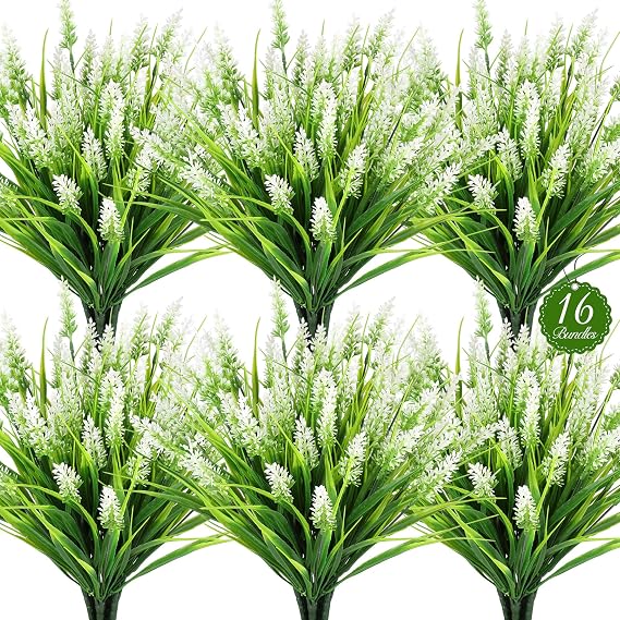 16PCS Artificial Flowers Outdoor, Fake White Monkey Grass Plants