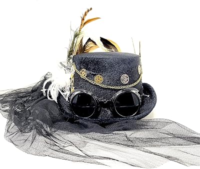 ] Steampunk Style Metallic Top Hat Scientist Time Traveler Feather Halloween Costume Cosplay Party with Goggles For Adult Black lace