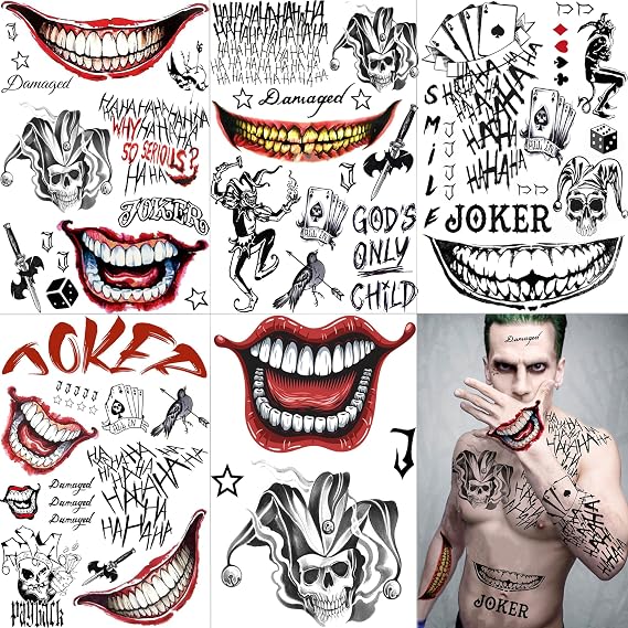 VANTATY 5 Sheets 3D Halloween Joker Temporary Tattoos For Men Women Adults, Gothic, Halloween Style, Waterproof, Cartoon Pattern, A(5 Large Sheets), Adults