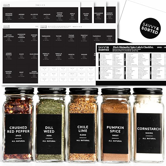 Black Spice Labels for Glass Jars, 148 Spice Jar Labels Stickers Preprinted Waterproof, Rectangle Herb Seasoning Stickers Containers Kitchen Pantry Organization