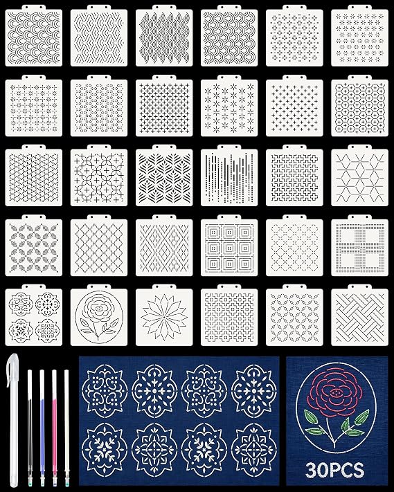 FIVEIZERO 30PCS Sashiko Stencils Kit,Sashiko Templates&4 Heat Erasable Pens | 4.7inx5.1in Reusable Plastic Templates;Sashiko Patterns for Embroidery,Quilting,Sewing on Clothes,Jeans,Table Runners,Crafts