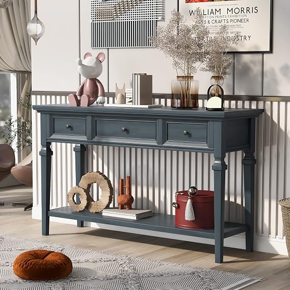 Knocbel Retro Entryway Console Table with 3 Storage Drawers and Open Shelf, Entry Hallway Foyer Behind Sofa Couch Long Table, Easy Assembly (Navy)