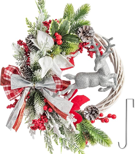 Silver Christmas Door Wreath 17-21" with Hook, Artificial White Winter Wreath with Red Plaid Bow Snowy Branches Reindeer for Front Door, Christmas Wreaths for Windows Wall Outdoor Decor