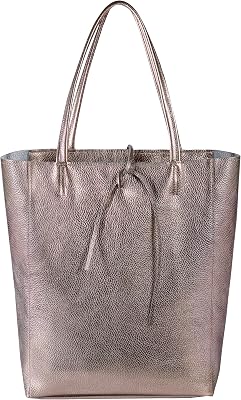 Italian Metallic Calf Leather Tote Bag for Women with Zipper, Inner Pocket & Flat Base | Soft Unlined Shopper Handbag