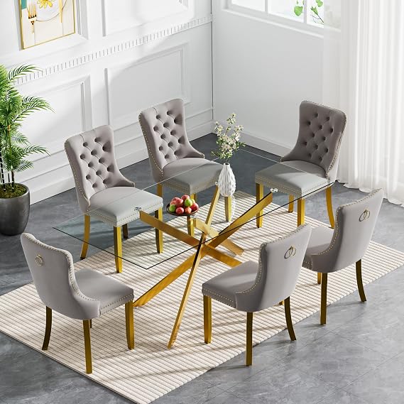 Henf 7 Piece Dining Table Set with 6 Chair, 60.6'' Rectangular Glass Dining Room Table Set for 6, X-Shape Metal Legs, Glass and Gold Kitchen Table and Chair Set for 6