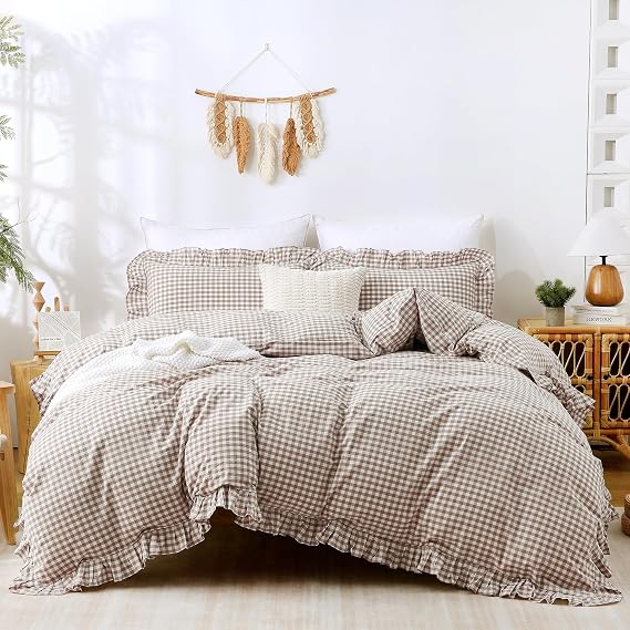 ATsense Tan Gingham Ruffle Duvet Cover Bedding Set Cotton Like Linen, Queen | 100% Washed Cotton Linen-Like Feel Soft, Breathable & Comfy. Fall Vintage Farmhouse Decor, Zipper & 8 Ties. 3 Pcs, No Insert