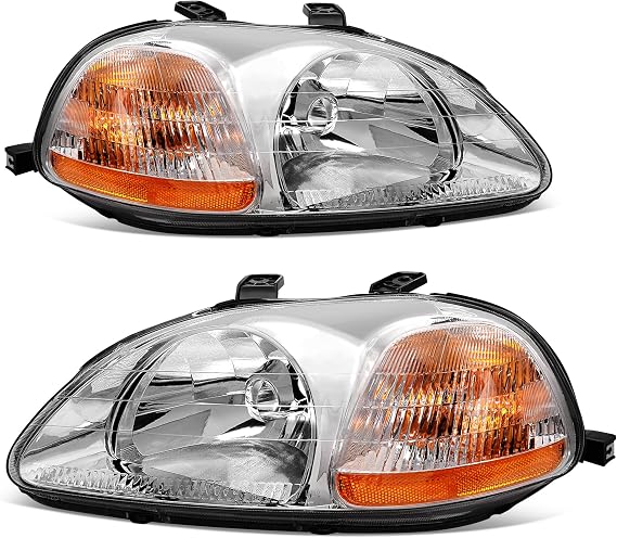 LEDKINGDOMUS Headlight Assembly Compatible with 1996-1998 Civic Chrome Housing Amber Reflector Clear Lens