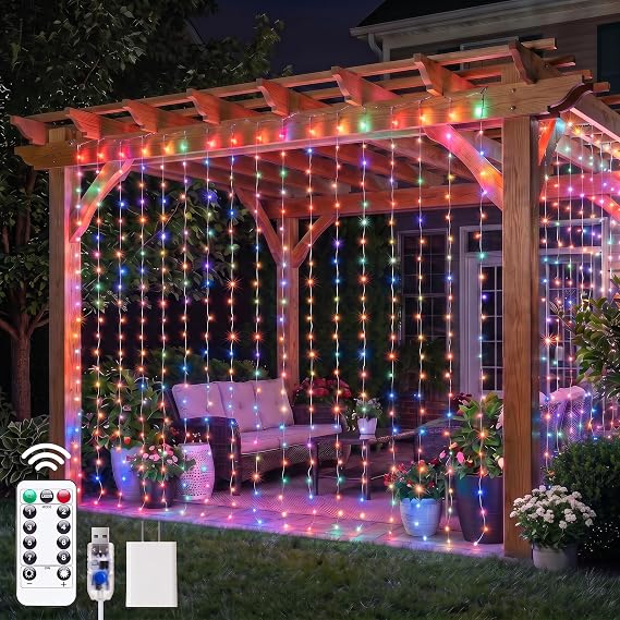 Brightown 300 LED Curtain String Lights, 9.8 FT Hanging Fairy Lights with Remote, 8 Modes, Waterproof Window Lights for Bedroom Backdrop Wedding Outdoor Christmas Decoration, Multicolor